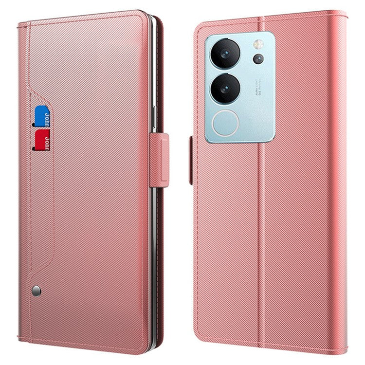 For vivo S17 Pro 5G Card Slot Cell Phone Cover PU Leather + TPU Supporting Stand Case with Mirror - Rose Gold