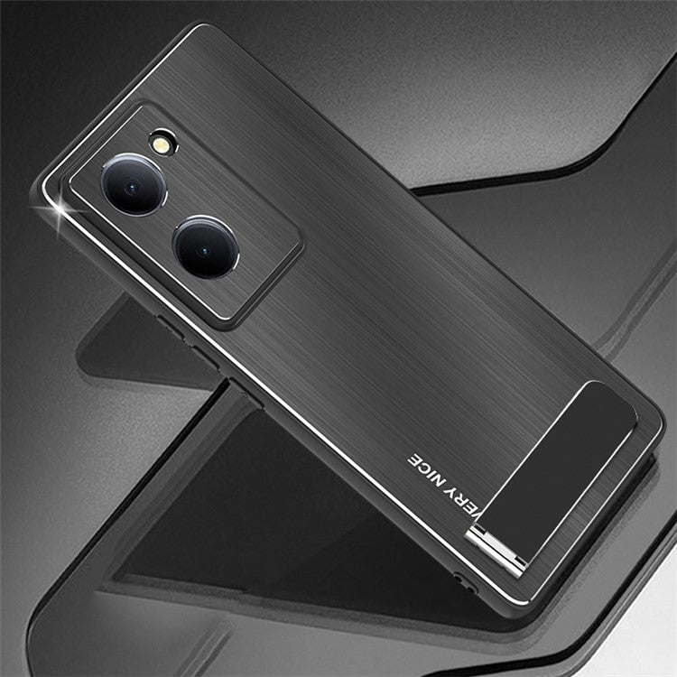 For vivo Y78 5G Kickstand Cell Phone Case TPU+Aluminium Alloy Brushed Cover Drop Protection Shell - Black