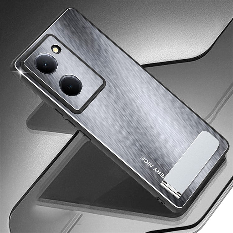 For vivo Y78 5G Kickstand Cell Phone Case TPU+Aluminium Alloy Brushed Cover Drop Protection Shell - Silver