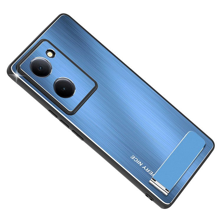 For vivo Y78 5G Kickstand Cell Phone Case TPU+Aluminium Alloy Brushed Cover Drop Protection Shell - Blue