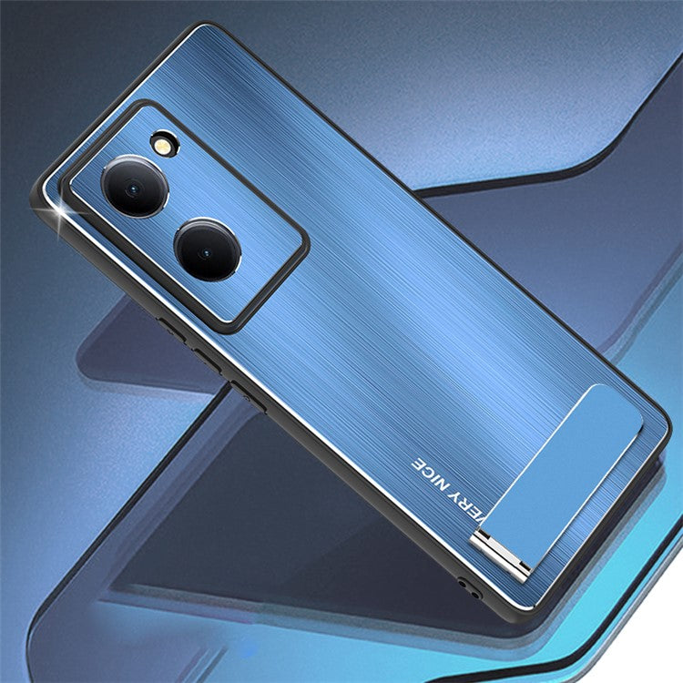 For vivo Y78 5G Kickstand Cell Phone Case TPU+Aluminium Alloy Brushed Cover Drop Protection Shell - Blue