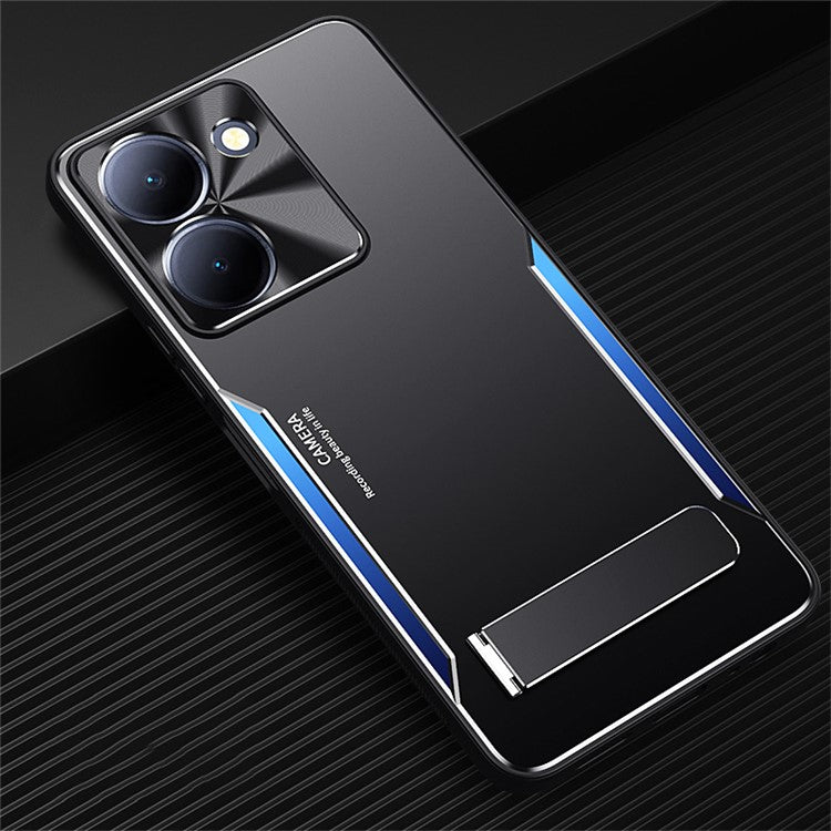 For vivo Y78 5G Phone Case with Kickstand Aluminum Alloy + Soft TPU Protective Cover - Blue