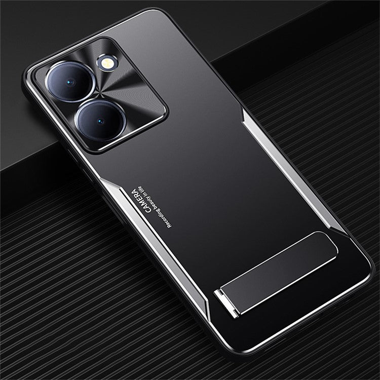 For vivo Y78 5G Phone Case with Kickstand Aluminum Alloy + Soft TPU Protective Cover - Silver