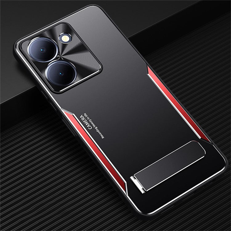 For vivo Y78 5G Phone Case with Kickstand Aluminum Alloy + Soft TPU Protective Cover - Red