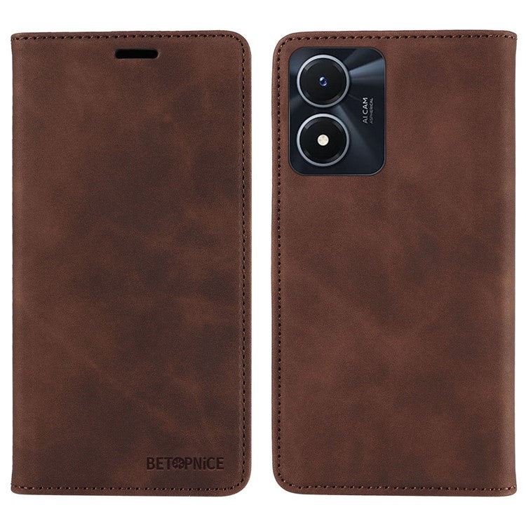 BETOPNICE 003 For vivo Y02s 4G / Y16 4G / Y35 5G / Y56 5G Phone Cover RFID Blocking Wallet Leather Stand Wallet Case - Brown