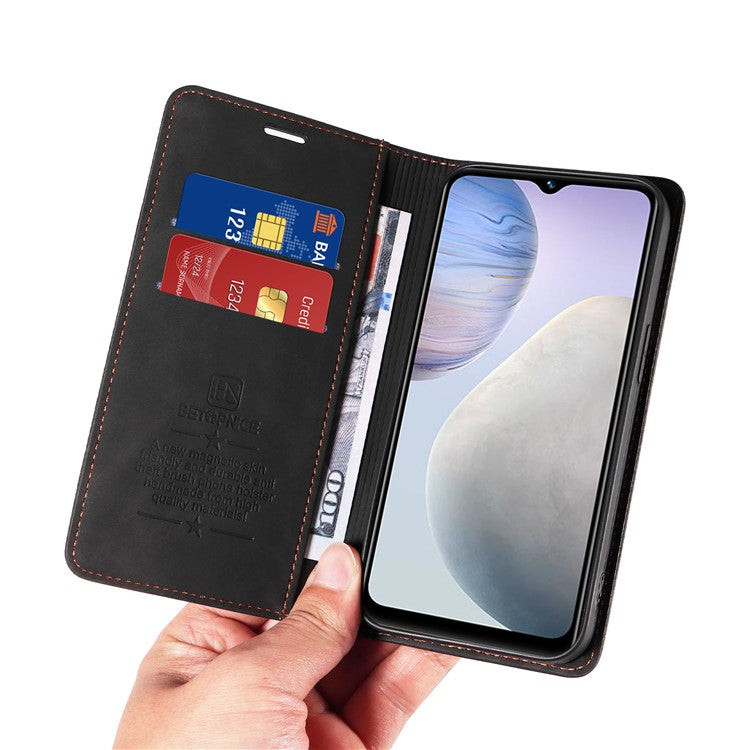 BETOPNICE 003 Leather Phone Case for vivo Y02 4G / Y11 (2023) / Y02A 4G , RFID Blocking Wallet Stand Cover - Black