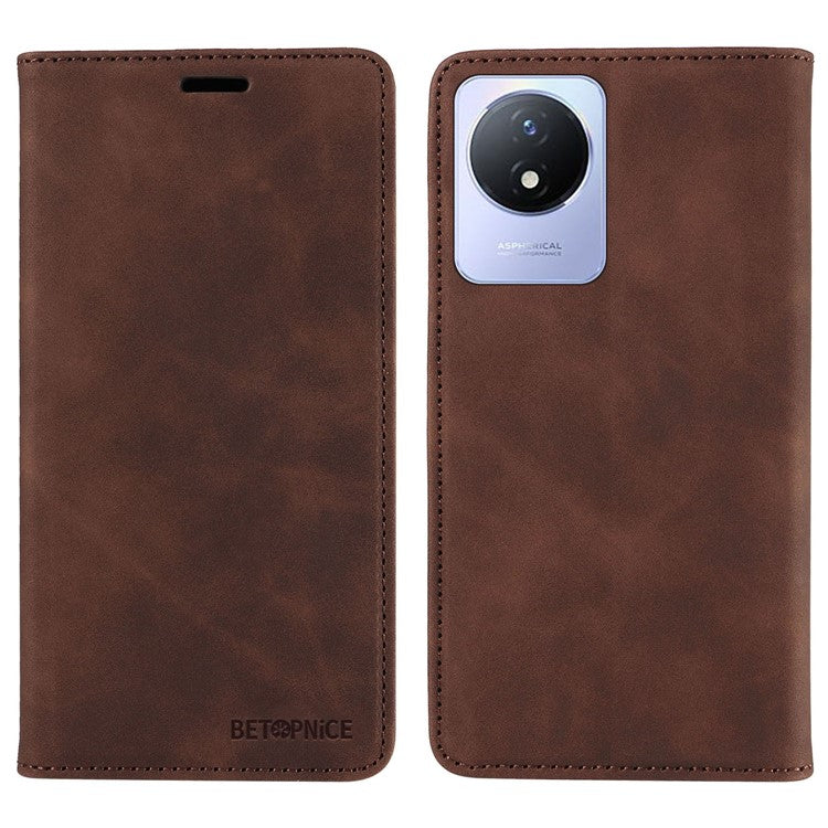 BETOPNICE 003 Leather Phone Case for vivo Y02 4G / Y11 (2023) / Y02A 4G , RFID Blocking Wallet Stand Cover - Brown