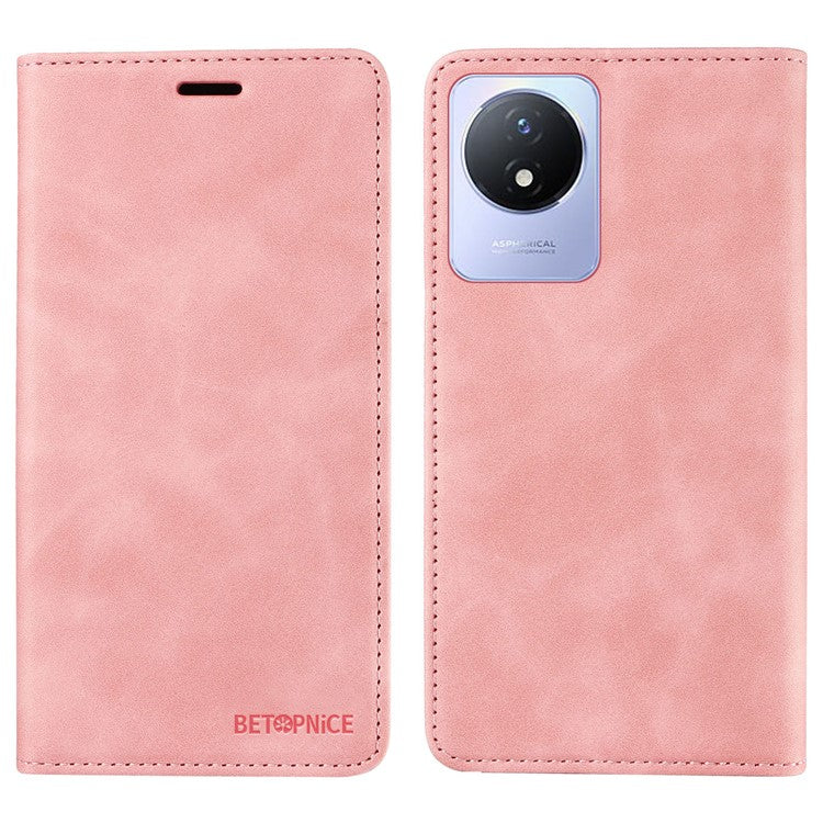 BETOPNICE 003 Leather Phone Case for vivo Y02 4G / Y11 (2023) / Y02A 4G , RFID Blocking Wallet Stand Cover - Pink