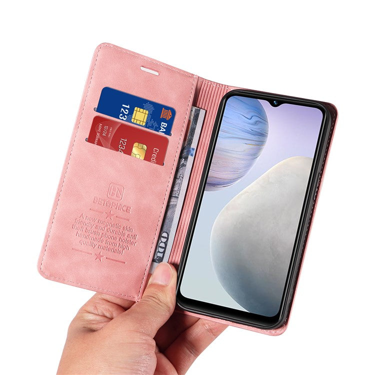 BETOPNICE 003 Leather Phone Case for vivo Y02 4G / Y11 (2023) / Y02A 4G , RFID Blocking Wallet Stand Cover - Pink