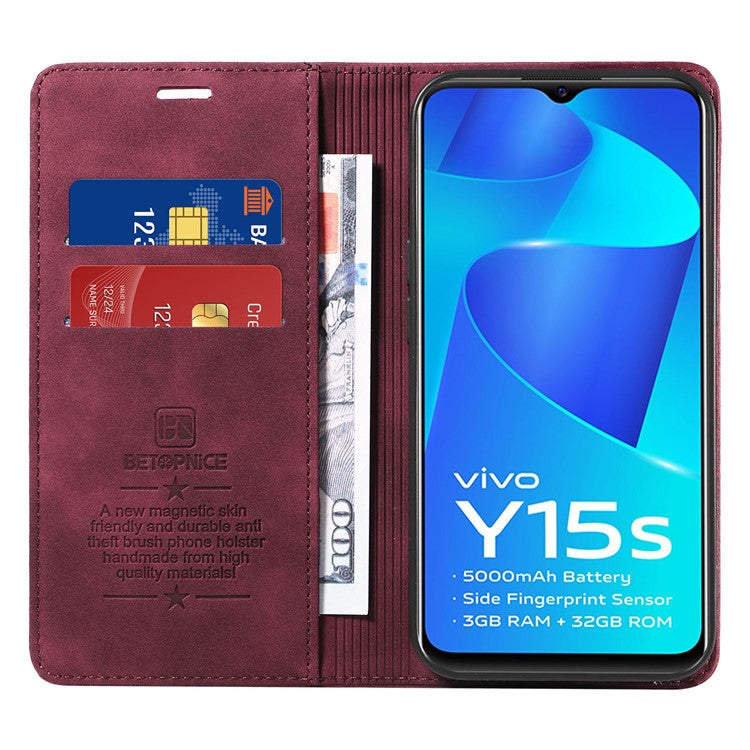 BETOPNICE 003 For vivo Y15a / Y15s 4G / Y10 / Y01 Phone Cover Leather Stand RFID Blocking Wallet Case - Red