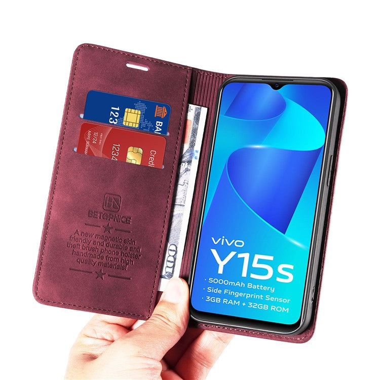 BETOPNICE 003 For vivo Y15a / Y15s 4G / Y10 / Y01 Phone Cover Leather Stand RFID Blocking Wallet Case - Red