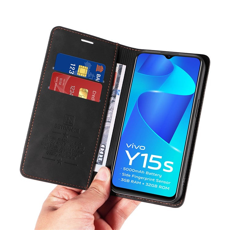 BETOPNICE 003 For vivo Y15a / Y15s 4G / Y10 / Y01 Phone Cover Leather Stand RFID Blocking Wallet Case - Black