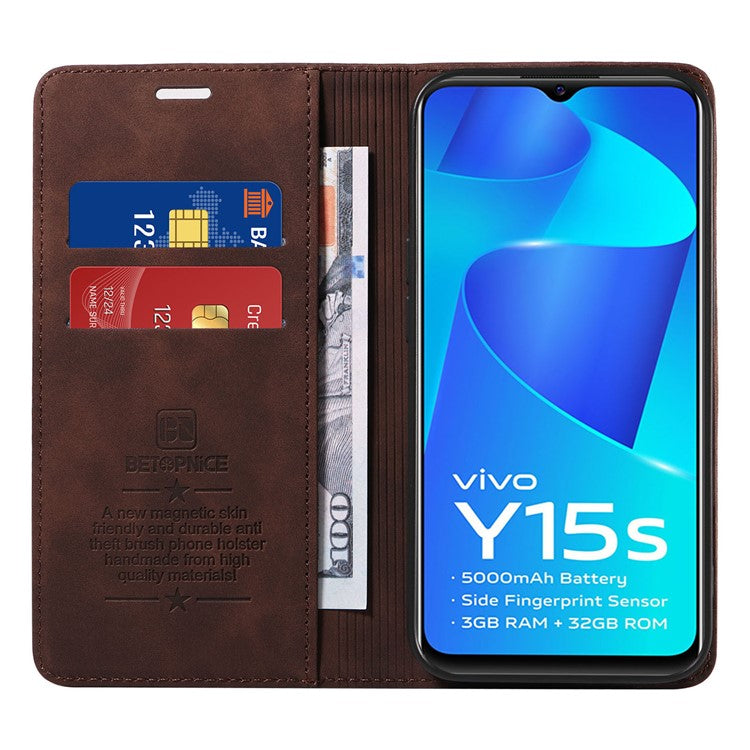 BETOPNICE 003 For vivo Y15a / Y15s 4G / Y10 / Y01 Phone Cover Leather Stand RFID Blocking Wallet Case - Brown