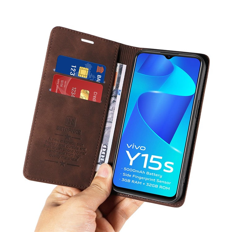 BETOPNICE 003 For vivo Y15a / Y15s 4G / Y10 / Y01 Phone Cover Leather Stand RFID Blocking Wallet Case - Brown