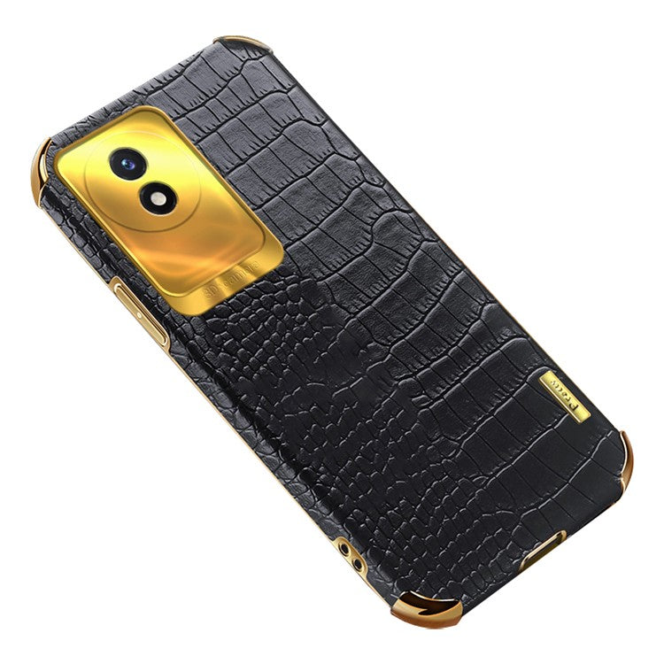 For vivo Y02 4G Crocodile Texture Electroplating Cover Leather Coated TPU Phone Case - Black