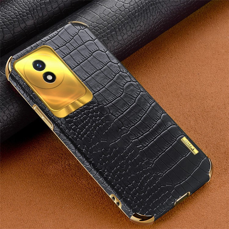 For vivo Y02 4G Crocodile Texture Electroplating Cover Leather Coated TPU Phone Case - Black