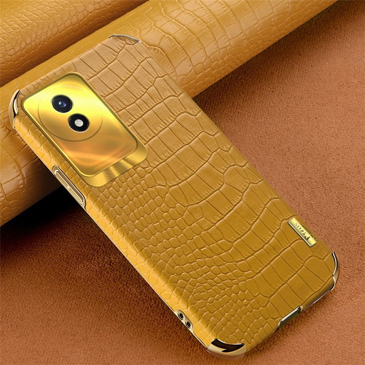 For vivo Y02 4G Crocodile Texture Electroplating Cover Leather Coated TPU Phone Case - Yellow