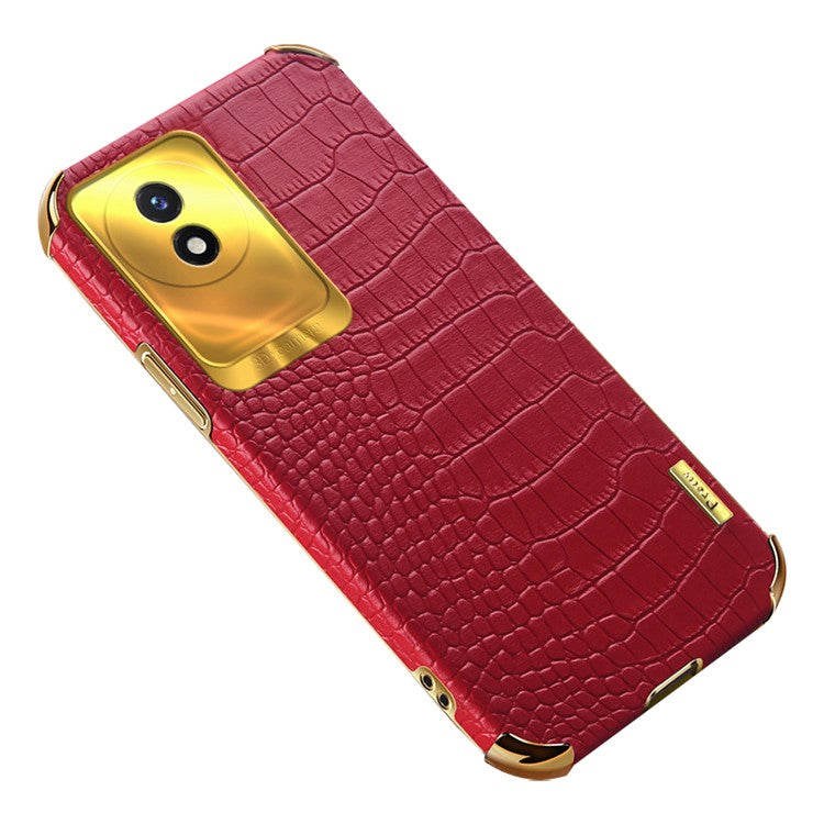 For vivo Y02 4G Crocodile Texture Electroplating Cover Leather Coated TPU Phone Case - Red