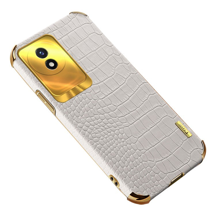 For vivo Y02 4G Crocodile Texture Electroplating Cover Leather Coated TPU Phone Case - White