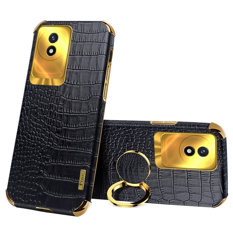 For vivo Y02 4G Scratch Proof Crocodile Texture Kickstand Phone Case 6D Electroplated PU Leather + TPU Cover - Black