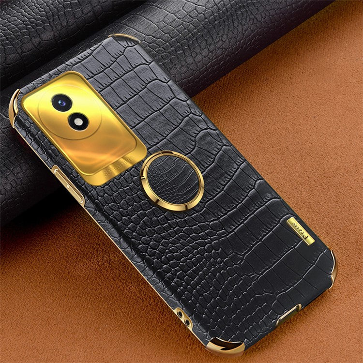 For vivo Y02 4G Scratch Proof Crocodile Texture Kickstand Phone Case 6D Electroplated PU Leather + TPU Cover - Black