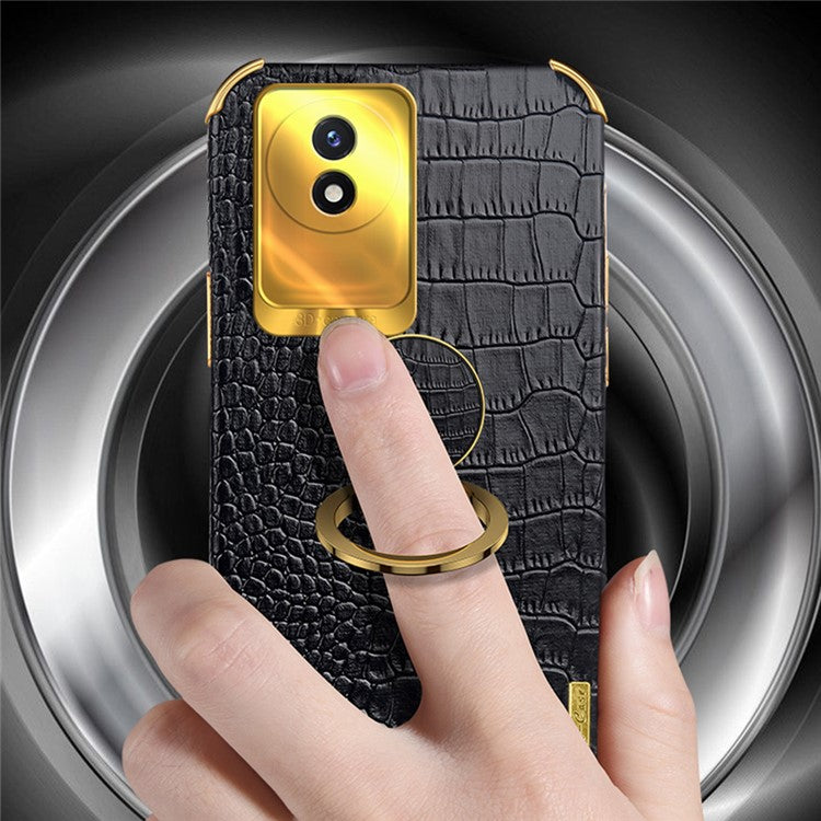 For vivo Y02 4G Scratch Proof Crocodile Texture Kickstand Phone Case 6D Electroplated PU Leather + TPU Cover - Black