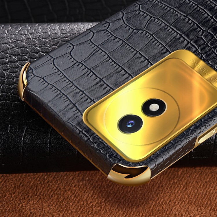 For vivo Y02 4G Scratch Proof Crocodile Texture Kickstand Phone Case 6D Electroplated PU Leather + TPU Cover - Black