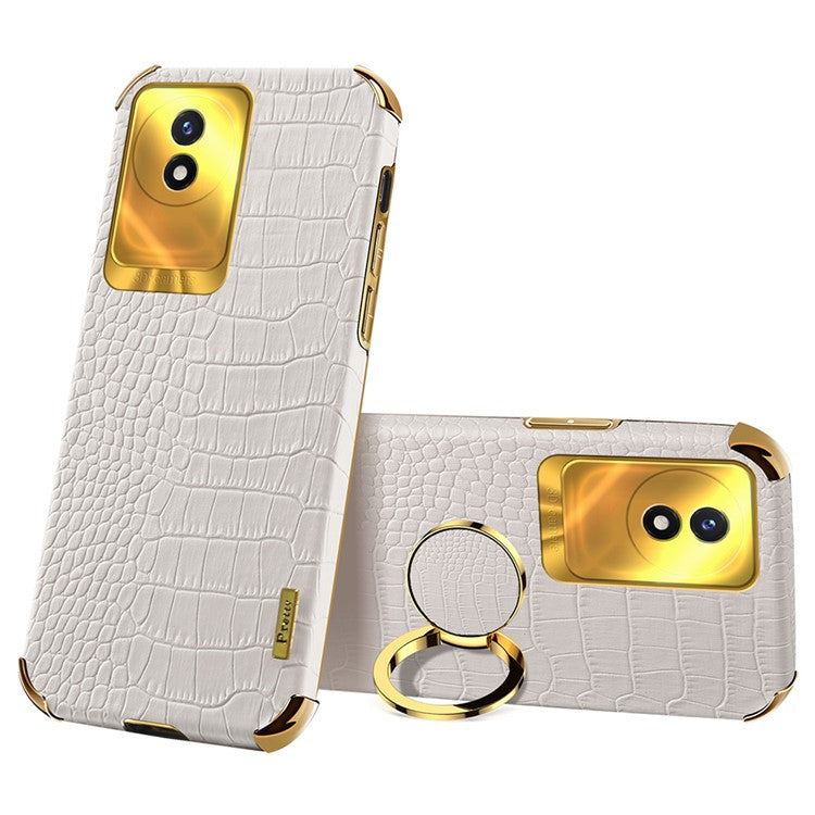 For vivo Y02 4G Scratch Proof Crocodile Texture Kickstand Phone Case 6D Electroplated PU Leather + TPU Cover - White