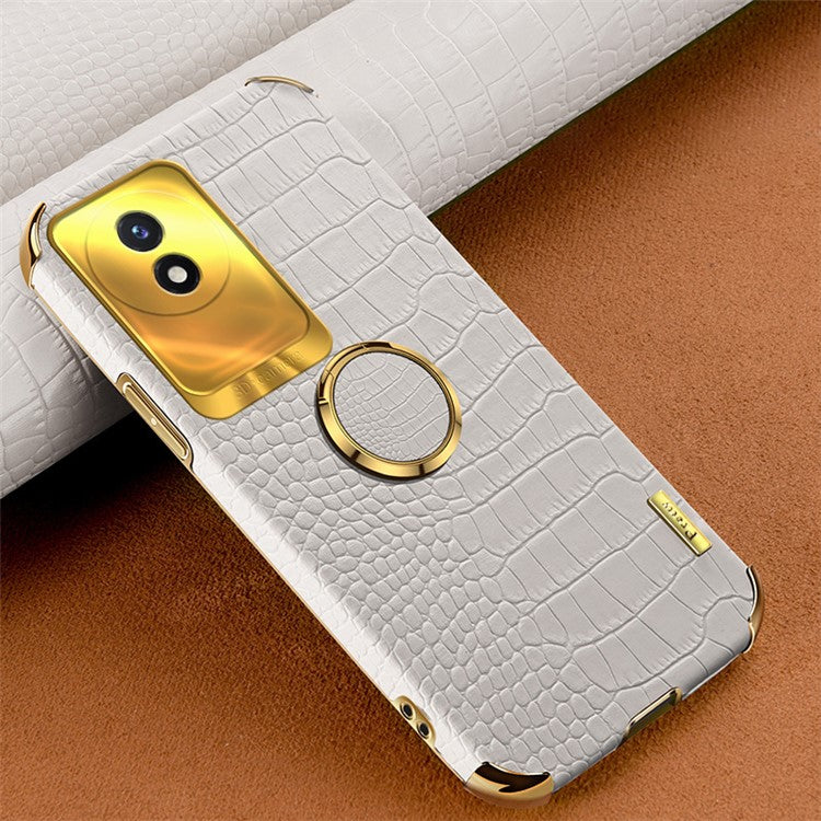 For vivo Y02 4G Scratch Proof Crocodile Texture Kickstand Phone Case 6D Electroplated PU Leather + TPU Cover - White