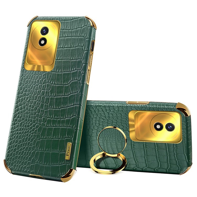 For vivo Y02 4G Scratch Proof Crocodile Texture Kickstand Phone Case 6D Electroplated PU Leather + TPU Cover - Green