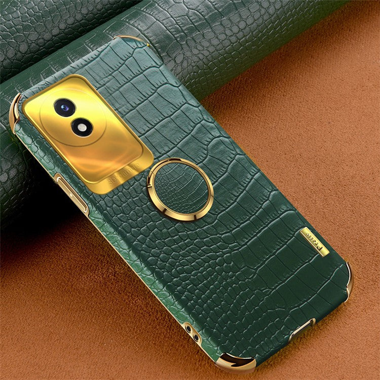 For vivo Y02 4G Scratch Proof Crocodile Texture Kickstand Phone Case 6D Electroplated PU Leather + TPU Cover - Green