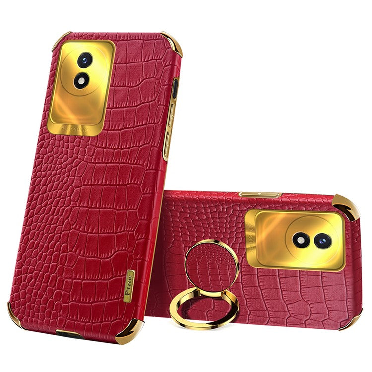 For vivo Y02 4G Scratch Proof Crocodile Texture Kickstand Phone Case 6D Electroplated PU Leather + TPU Cover - Red