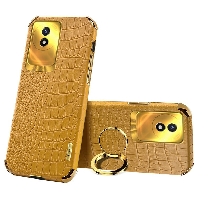 For vivo Y02 4G Scratch Proof Crocodile Texture Kickstand Phone Case 6D Electroplated PU Leather + TPU Cover - Yellow