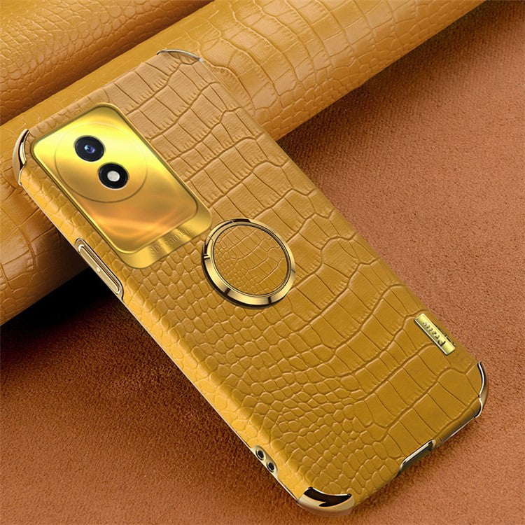 For vivo Y02 4G Scratch Proof Crocodile Texture Kickstand Phone Case 6D Electroplated PU Leather + TPU Cover - Yellow