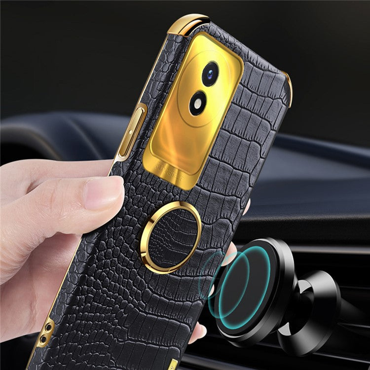 For vivo Y02 4G Scratch Proof Crocodile Texture Kickstand Phone Case 6D Electroplated PU Leather + TPU Cover - Yellow