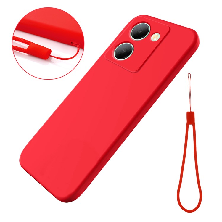 For vivo Y36 4G (Global) Soft Lining Liquid Silicone Phone Cover Anti-Dust Mobile Phone Case with Strap - Red