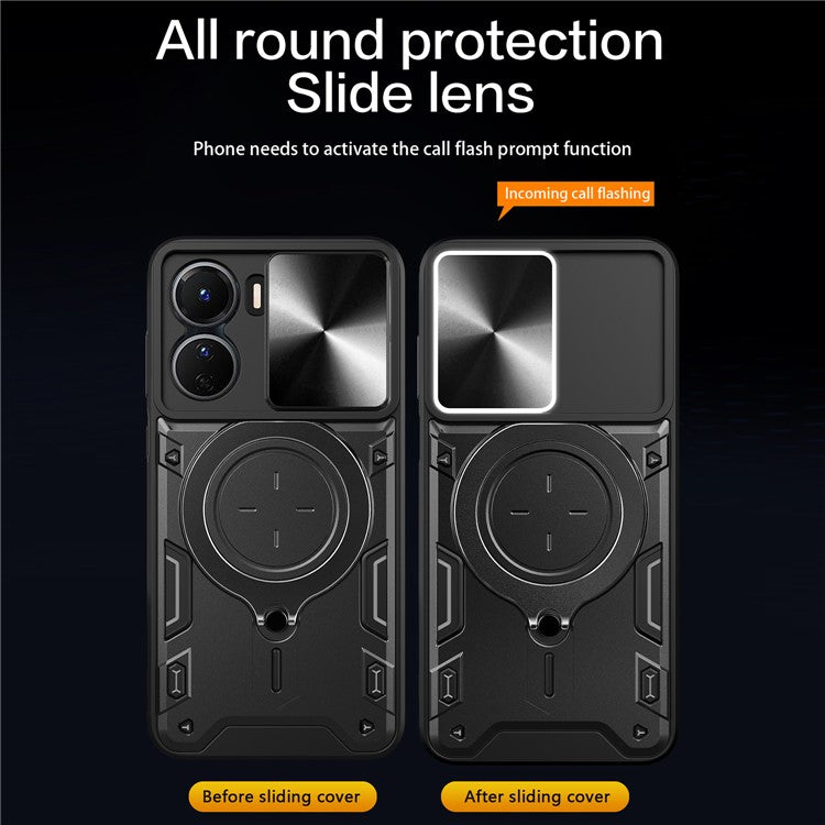 For vivo Y16 4G Slide Camera Protection Phone Cover Hybrid PC+TPU Kickstand Phone Case - Black