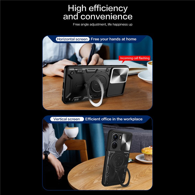 For vivo Y16 4G Slide Camera Protection Phone Cover Hybrid PC+TPU Kickstand Phone Case - Black