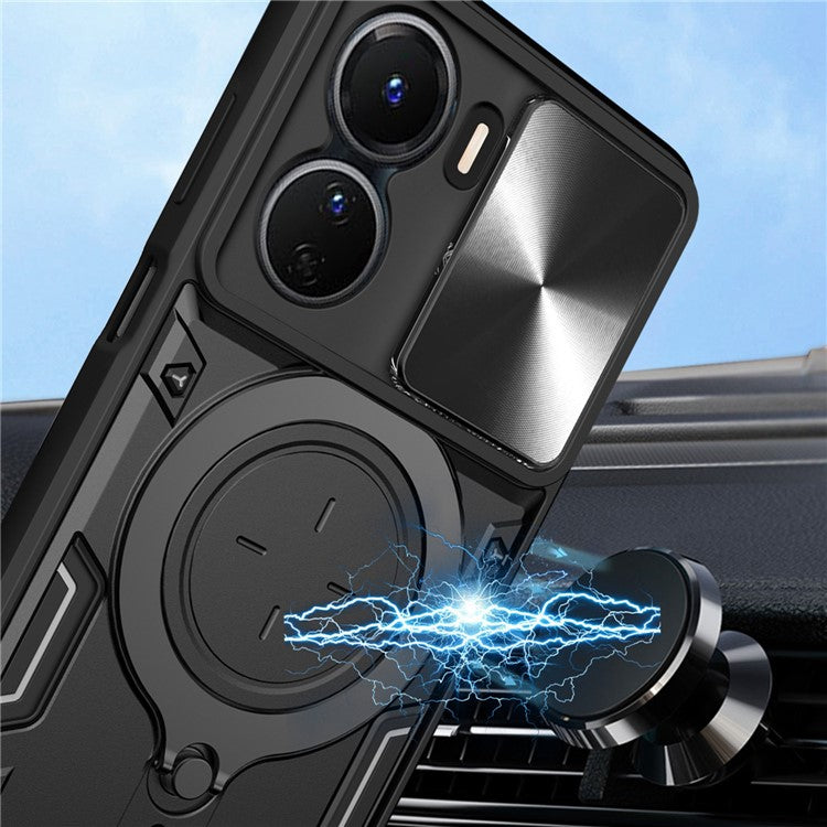 For vivo Y16 4G Slide Camera Protection Phone Cover Hybrid PC+TPU Kickstand Phone Case - Black