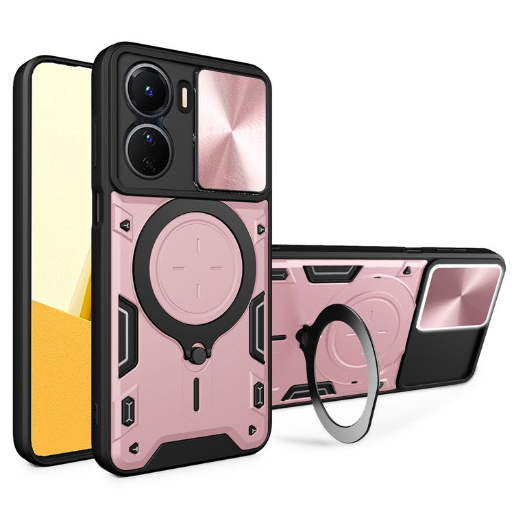 For vivo Y16 4G Slide Camera Protection Phone Cover Hybrid PC+TPU Kickstand Phone Case - Pink