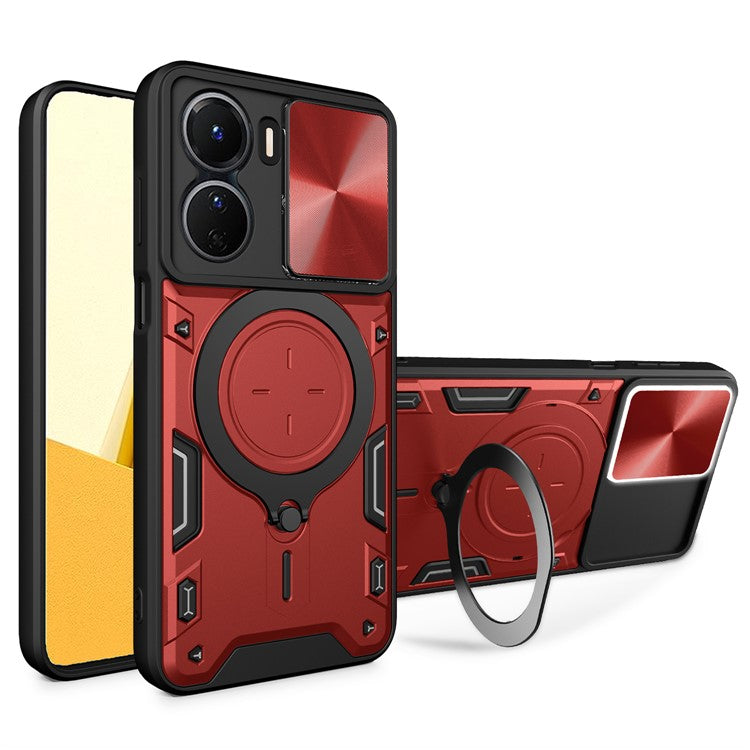 For vivo Y16 4G Slide Camera Protection Phone Cover Hybrid PC+TPU Kickstand Phone Case - Red