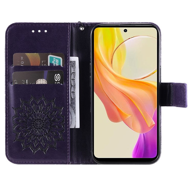 KT Imprinting Flower Series-1 For vivo Y36 5G (Global) / Y78 (China) 5G Phone Case PU Leather Wallet Flip Stand Cover - Purple