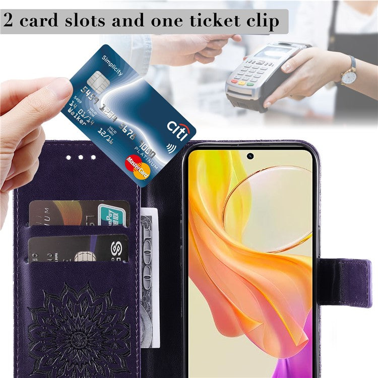 KT Imprinting Flower Series-1 For vivo Y36 5G (Global) / Y78 (China) 5G Phone Case PU Leather Wallet Flip Stand Cover - Purple