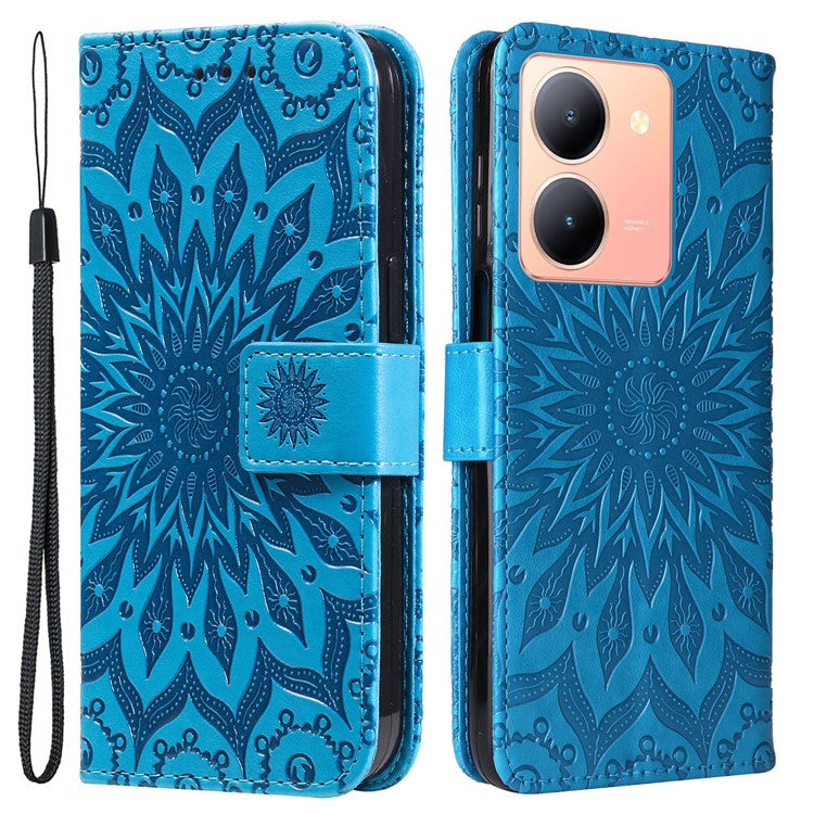 KT Imprinting Flower Series-1 For vivo Y36 5G (Global) / Y78 (China) 5G Phone Case PU Leather Wallet Flip Stand Cover - Blue