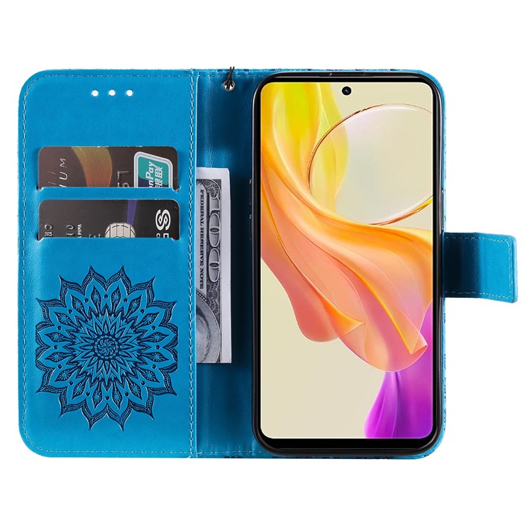 KT Imprinting Flower Series-1 For vivo Y36 5G (Global) / Y78 (China) 5G Phone Case PU Leather Wallet Flip Stand Cover - Blue