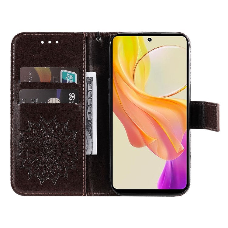 KT Imprinting Flower Series-1 For vivo Y36 5G (Global) / Y78 (China) 5G Phone Case PU Leather Wallet Flip Stand Cover - Brown