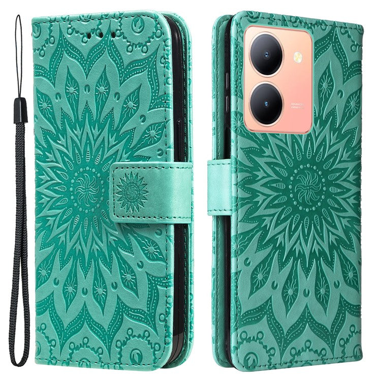 KT Imprinting Flower Series-1 For vivo Y36 5G (Global) / Y78 (China) 5G Phone Case PU Leather Wallet Flip Stand Cover - Green