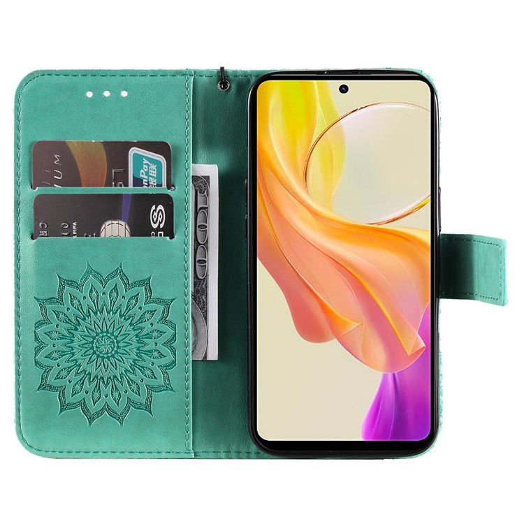 KT Imprinting Flower Series-1 For vivo Y36 5G (Global) / Y78 (China) 5G Phone Case PU Leather Wallet Flip Stand Cover - Green