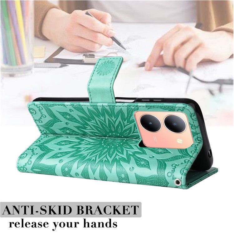 KT Imprinting Flower Series-1 For vivo Y36 5G (Global) / Y78 (China) 5G Phone Case PU Leather Wallet Flip Stand Cover - Green