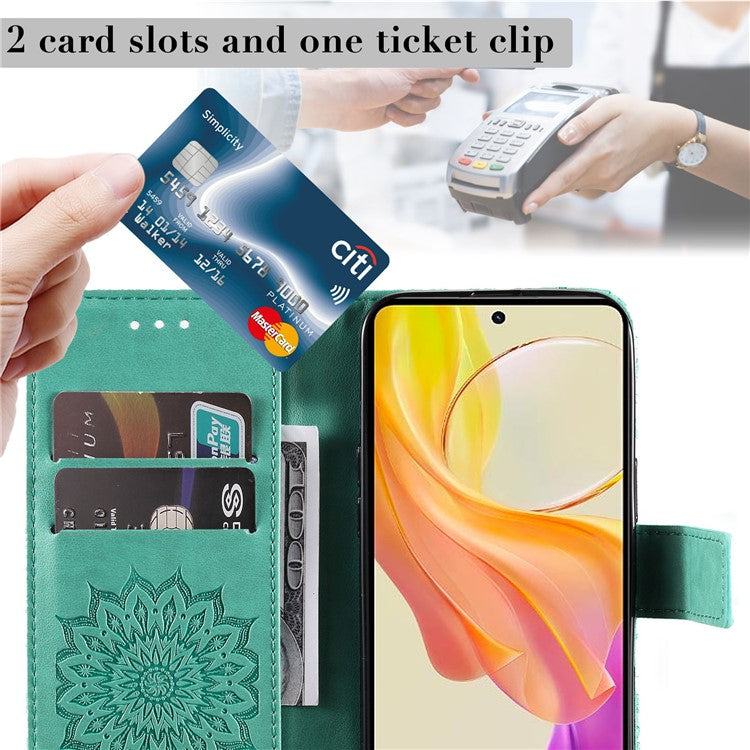 KT Imprinting Flower Series-1 For vivo Y36 5G (Global) / Y78 (China) 5G Phone Case PU Leather Wallet Flip Stand Cover - Green